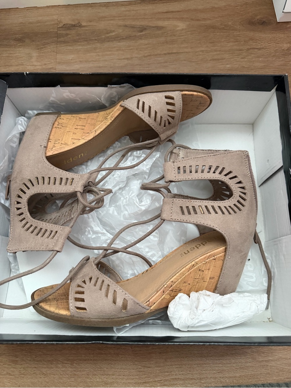 Steve Madden Taupe Lace-Up Cork Wedge Sandals